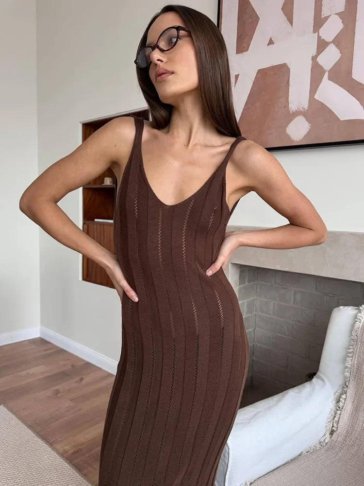 Tossy Summer Knit Ribbed Maxi Dress Female Slim Hollow Out Backless High Waist Fashion Beach Holiday Clothes Long Dress Women's