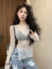 Korean Fashion Lace T Shirts Women Vintage Sexy See Through Aesthetic Crop Tops Kpop Y2k Long Sleeve Tees Shirts Summer