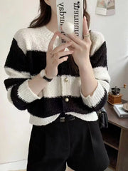 Women's Acrylic Long Sleeve O-Neck Button-Down Striped Cropped Knit Cardigan Ladies Autumn Winter Korean Fashion Knitwear