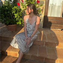 Women's Polka Dot Layered Decorative Satin Sleeveless Suspender Dress Ruffle Slim Chic Party Dress Fashion Female Clothing 2025