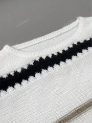 Casual contrasting striped round neck long sleeved women's knitted sweater