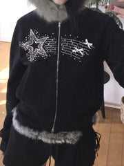 Fashion Trendy Y2k Women Hoodies Long Sleeve Stars Print Diamonds Zipper Fluffy Trim Hooded Autumn New Coat