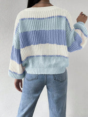 New color blocked ribbed knitted shoulder sweater