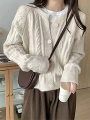 Korean Fashion Cropped Cardigan Women Vintage Twisted Knitted Sweater Casual Basic Solid Long Sleeve Tops Autumn Winter