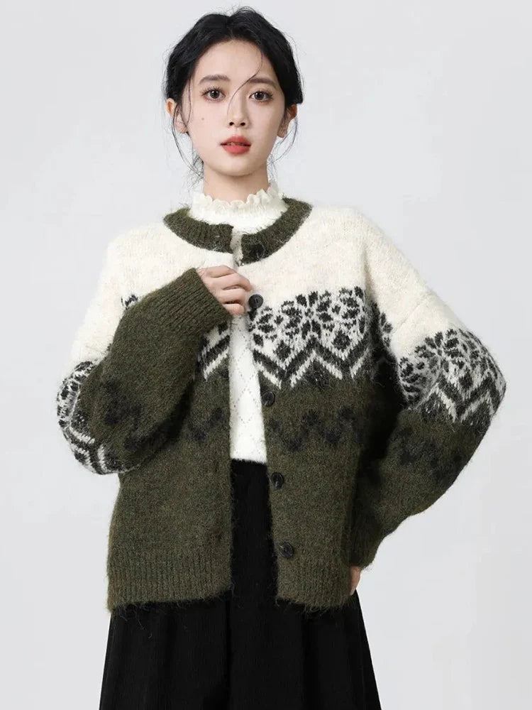 Women O Neck Retro Print Cardigan Sweaters Casual Lazy Wind Long Sleeve Knitted Short Coat Fall Winter Vintage Harajuku Lady Top
