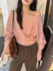 Batwing Long sleeve Knitted Pullover Women 380g Thick Off shoulder Top Korean Fashion Sweater Loose Casual Autumn Outwear Pull