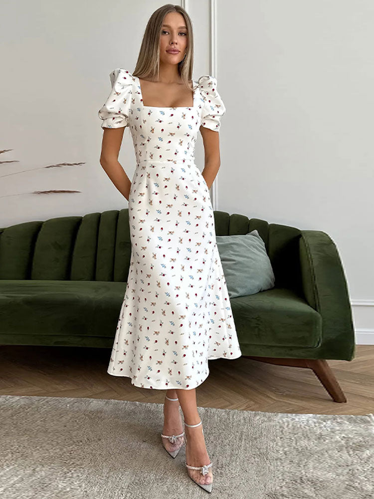 Women Fashion Printed Square Collar Midi Dress Elegant Puffy Short Sleeve Waisted Dresses Summer Ladies High Street Vestido