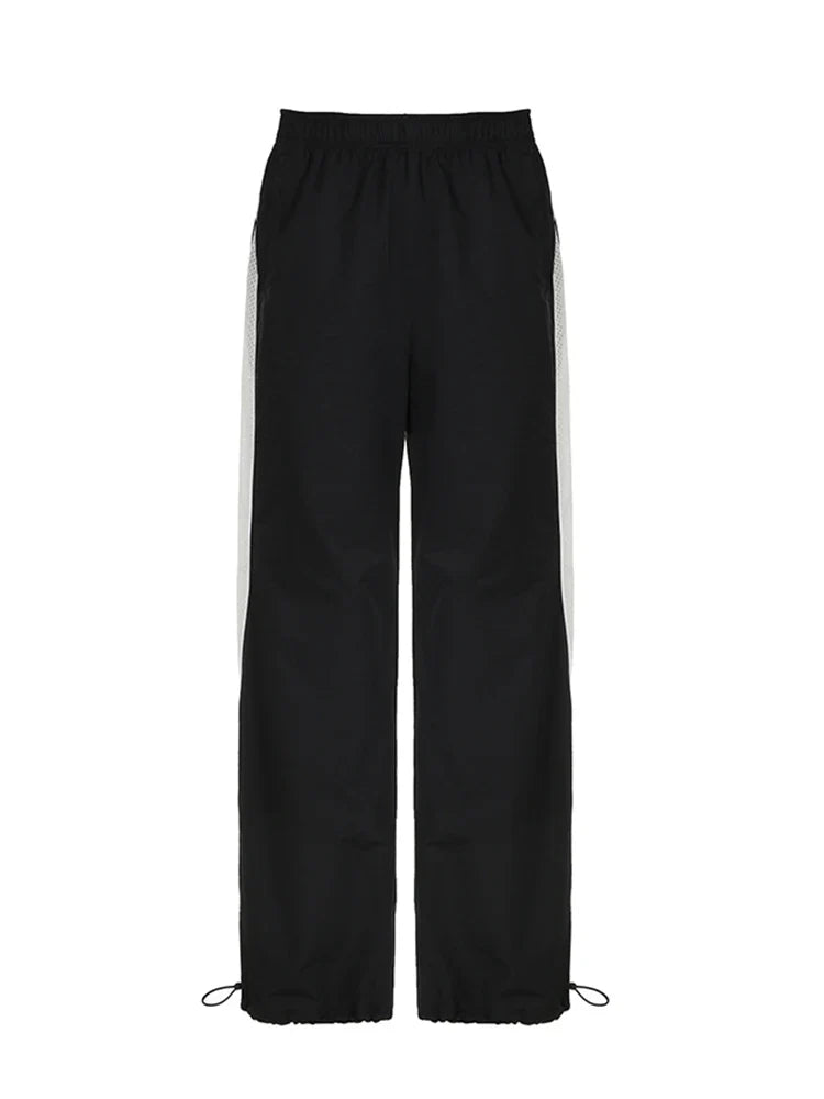 American Retro Casual Straight Leg Track Pants Women Side Contrast Patchwork Elastic Waist Hippie Jogging Trousers