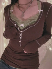 Womens Y2k Tee Crop Top Long Sleeve Lace Fairycore Grunge T-Shirts Ribbed Knit Harajuku Aesthetic Girl Tops T-Shirts Streetwear