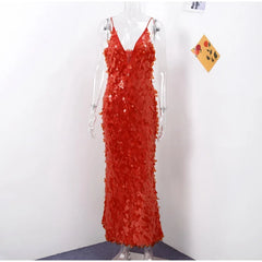 Fashion Sequined Slip Long Dress Women Sleeveless Deep V-neck Backless Slim Maxi Dress 2025 Summer Chic Party Birthday Dresses