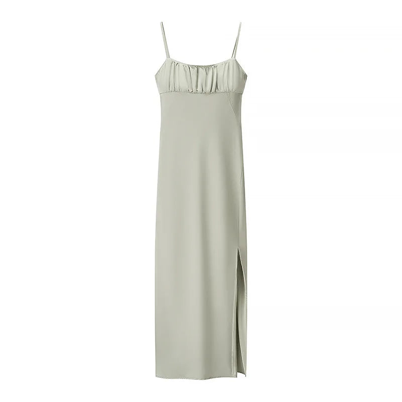 Green Backless Sexy Long Dress For Summer 2025 New High Waist Slit Square Collar Slip Dress Fashion Solid Satin Party Dress