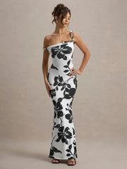 Leopard Print Incline Shoulder Sexy Maxi Dress Women Fashion Irregular Sleeveless Backless Club Party Long Dress