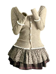 spring Woman Korean Fashion Long Sleeve Cardigan Tops 90s Vintage Sweaters Mori Girl Square Collar Lace Spliced Knitwears