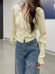 Women's Pointelle Knit Cardigan with Bow Long Sleeve Button Front Sweater Openwork Cardi Teen-girl Fairycore Balletcore Outfit