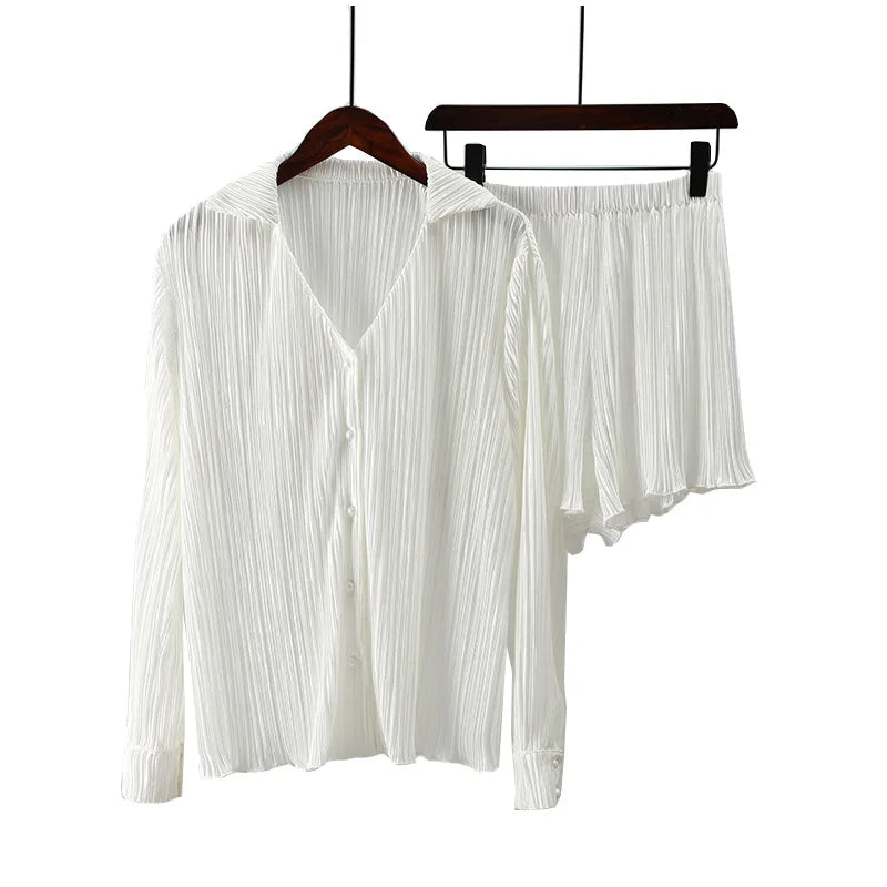New explosions in spring and summer European and American fashion V-neck pleated long sleeve lapel shorts fashion suit