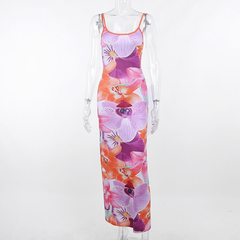 Elegant Print Off-shoulder Long Dress For Women Summer Backless Spaghetti Strap Party Club Beach Holiday Dresses