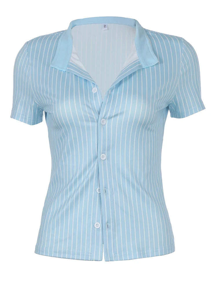 Blue Stripe Short Sleeve Shirts For Women Button Up Turn Down Collar Slim Simple Casual Preppy Tops Basic Summer Tees