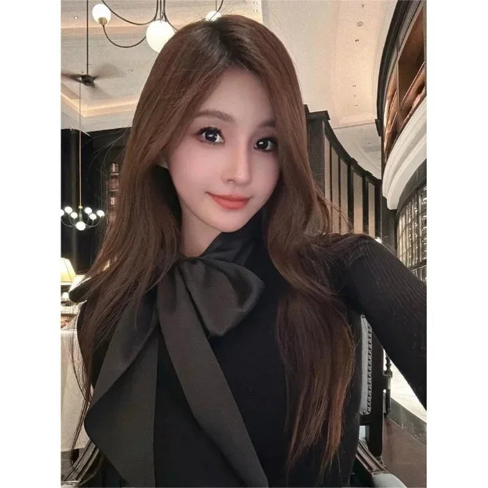 Pbong  Blackbow Sexyknit Long Sleeve T-Shirt Autumn Elegant Slimming Inner Base Top Bow Decoration Crew Neck Full Sleeve Chinese Made
