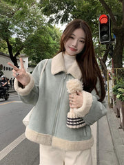 Faux Suede Lamb Jackets Women Winter Warm Thick Sweet Cute Short Coat Korean Vintage Loose Long Sleeve Preppy Style Tops