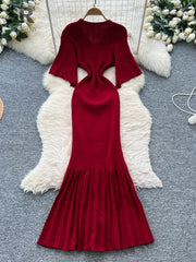 2025 Autumn Sweater Dress Female High Quality Button Design V Neck Solid French Style Elastic Knitted Women's Dress
