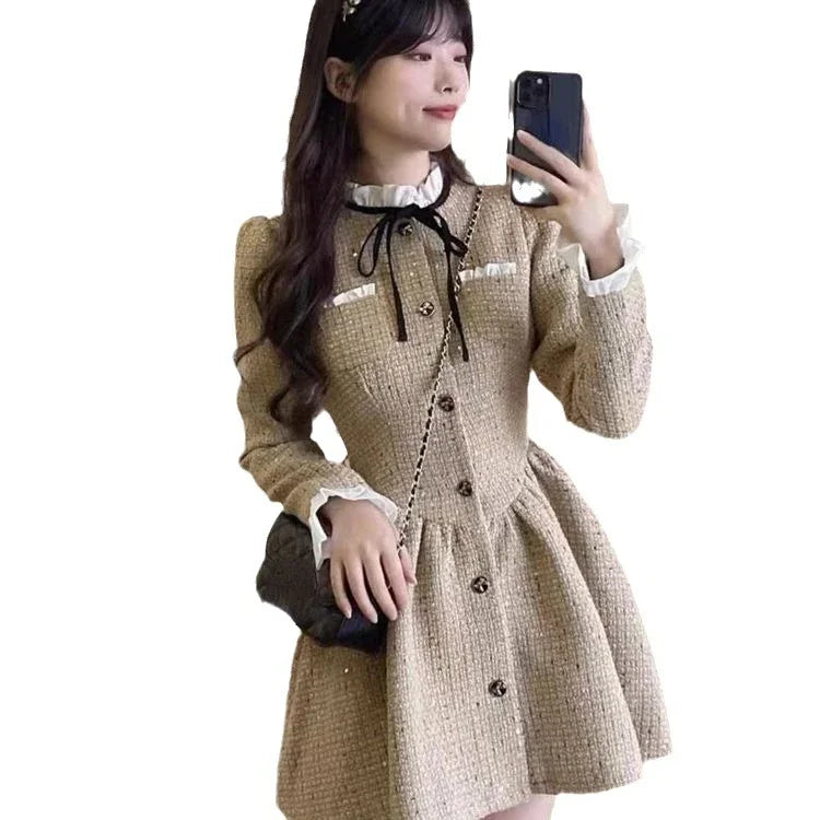Elegant Women Dresses Ruffled Collar Puff Sleeve Single Breasted Vestidos Femme Temperament Korean A-line Sweet Pleated Dress