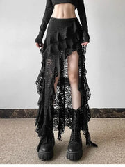 Elegant Tulle Ruffle Skirt Women Boho Lace Vintage White Irregular Skirt Korean Style Summer Layered Mid Skirts Street