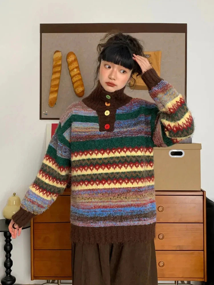 Vintage Print Harajuku Sweaters Women Loose Casual Knitted Pullover Lazy Wind Retro Female Preppy Style Long Sleeve Jumper Tops