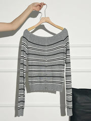Long Sleeve Off Shoulder Stripe Knit Top for Women Button Front Off-the-Shoulder T-shirt Teen-girl Y2K Clothing