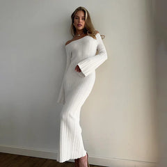 Knitted Slash Neck Long Sleeve Slim Long Dress For Women Autumn New Fashion Solid Flare Sleeve Casual Tight Female Dresses