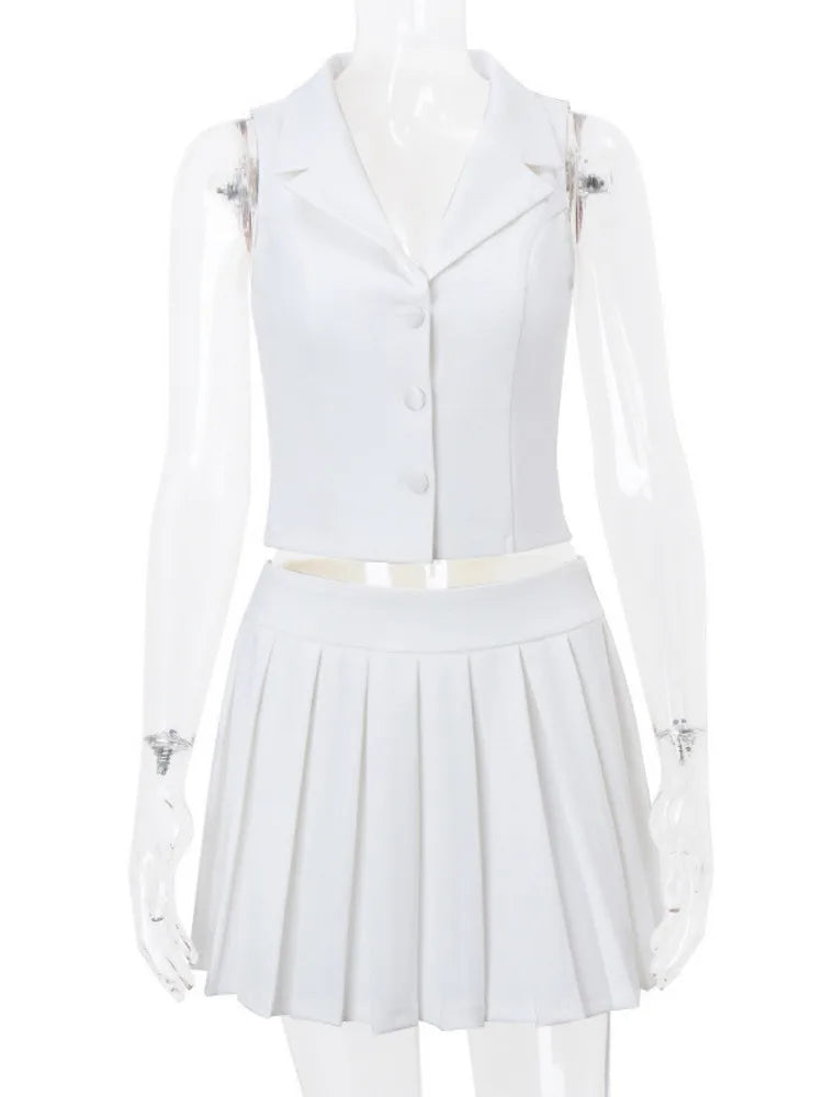 Fashion Pleated Skirt Two Piece Set For Women V Neck Sleeveless Tops And Pleated Mini Skirt Femme Elegant Skirt Sets