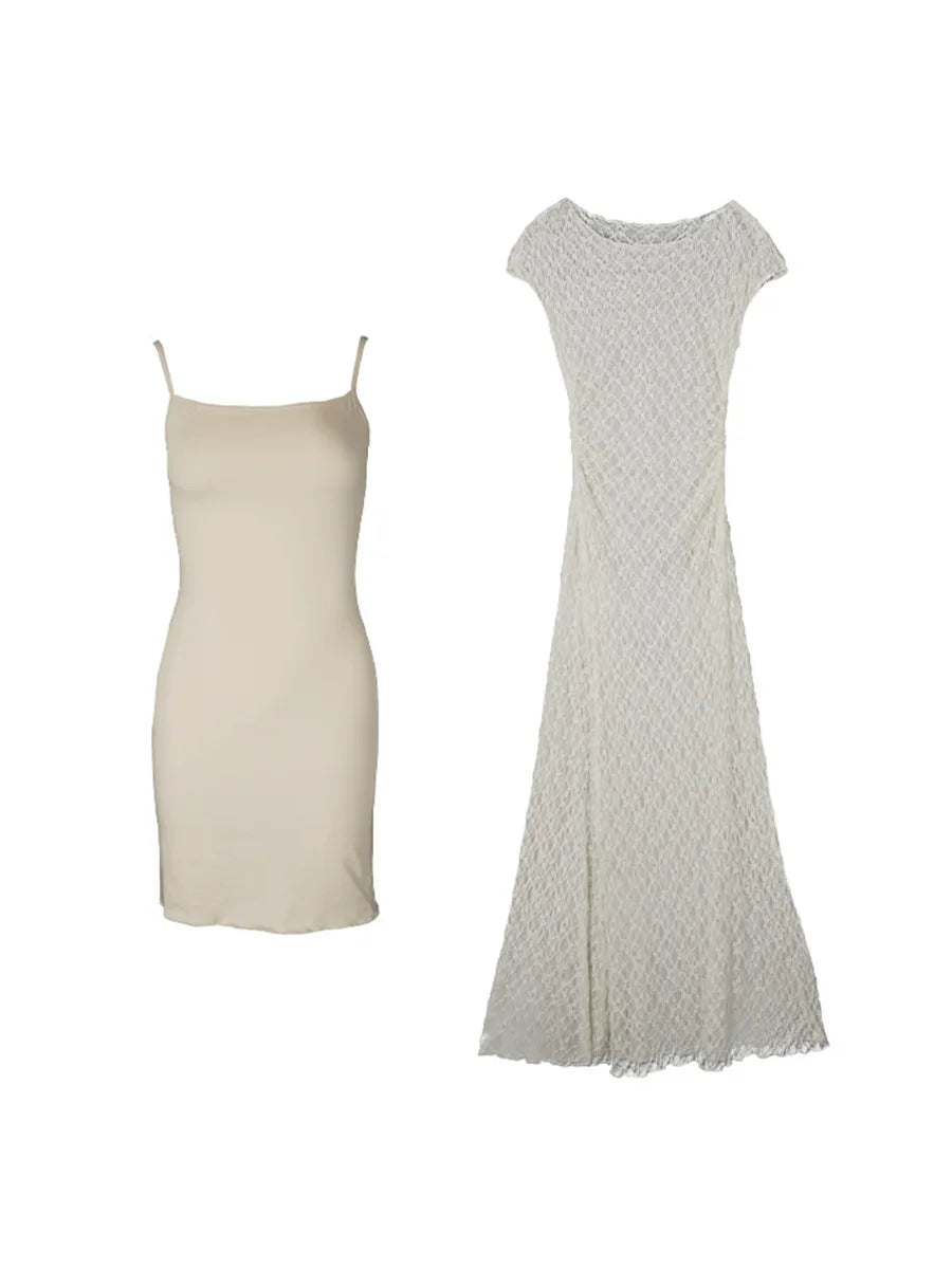 Lace Embroidery Chic Long Dress With Slip Dress Beige Slim Fashion Summer Dress Short Sleeve Vacation Women Dress 2025 New
