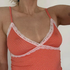 Women's Orange Vest Polka Dot Lace Trim Spaghetti Strap Camis Fairy Coquette V Neck Sleeveless Shirt Y2k 00s Cute Crop Tops