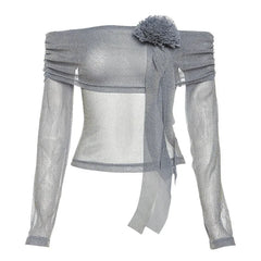 Flower Splice Mesh Shirts For Women Sexy See Through Slim Long Sleeve Crop Top Femme Club Party Fashion Shiny Shirt Lady