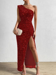 Glitter Sequin Maxi Long Dresses For Women Clothing One Shoulder High Split Sexy Party Dress Backless Summer Vestidos