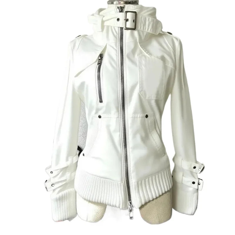 Y2k Street Gothic White Moto&Biker Coat Women Vintage Heavy Long Sleeve Jackets 2000s Early Autumn New Slim Fit Tops Mujer Chic