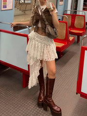 Y2K Aesthetic Asymmetrical Hem Skirts Stitching Lace Low Waist Mini Skirts Summer Holiday Retro Fairycore Clothes New Chic