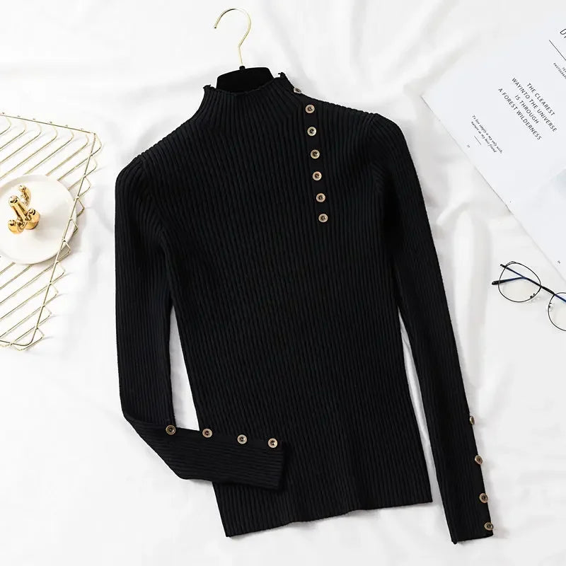 Ribbed Knit Top for Women Pullovers Button Decor Mock Neck Sweater Stretchy Long Sleeve Fitted Jumper Teen-girl Fall Winter