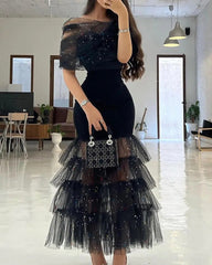 Sexy Summer Women Glitter Layered Sheer Mesh Skinny Glamorous Party Evening Dress Wedding Guests Prom Celebrity Dress