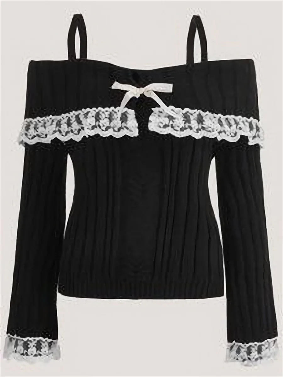 Grunge Aesthetics Pink Pullover Sweet y2k Vintage Off Shoulder Knit Sweater Long Sleeve Bow Lace Patchwork Jumpers Streetwear