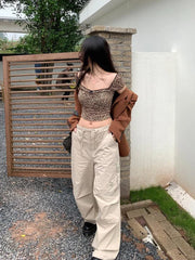 Leopard Print T-shirt Women Y2k Harajuku Slim Crop Top Kpop Korean Vintage Sexy Square Collar Short Sleeve Tee Summer
