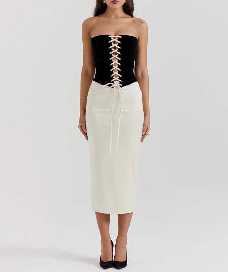 Elegant Sexy Skirt Two Piece Set Women Strapless Bandage Crop Top And Maxi Skirt Female Fashion Club Party Sexy Sets
