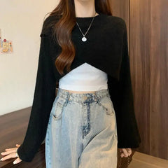 Women Crisscross Sweater Crop Pullover Relaxe-fit Cross Front Knit Wrap Jumper Knitwear Teen-girl Fall Winter Elegant Outfit