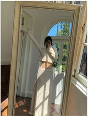 Slash Neck Long Sleeve T-shirt And Long Skirt Suit 2pcs Hollow Out Knit Vacation Women Sets 2025 Summer Spring Female Clothing