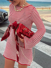 Pbong  Women Bodycon Knitted Dress Striped Round Neck Long Sleeve Casual Fall Short Dress