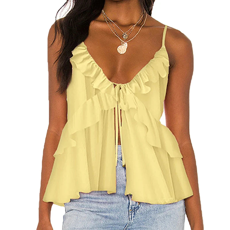 Womens Floral Ruffles Trim Camis Top Y2k V Neck Open Front Crop Tops Vest Beach Vacation Going Out Teen Girls Summer Tank Tops