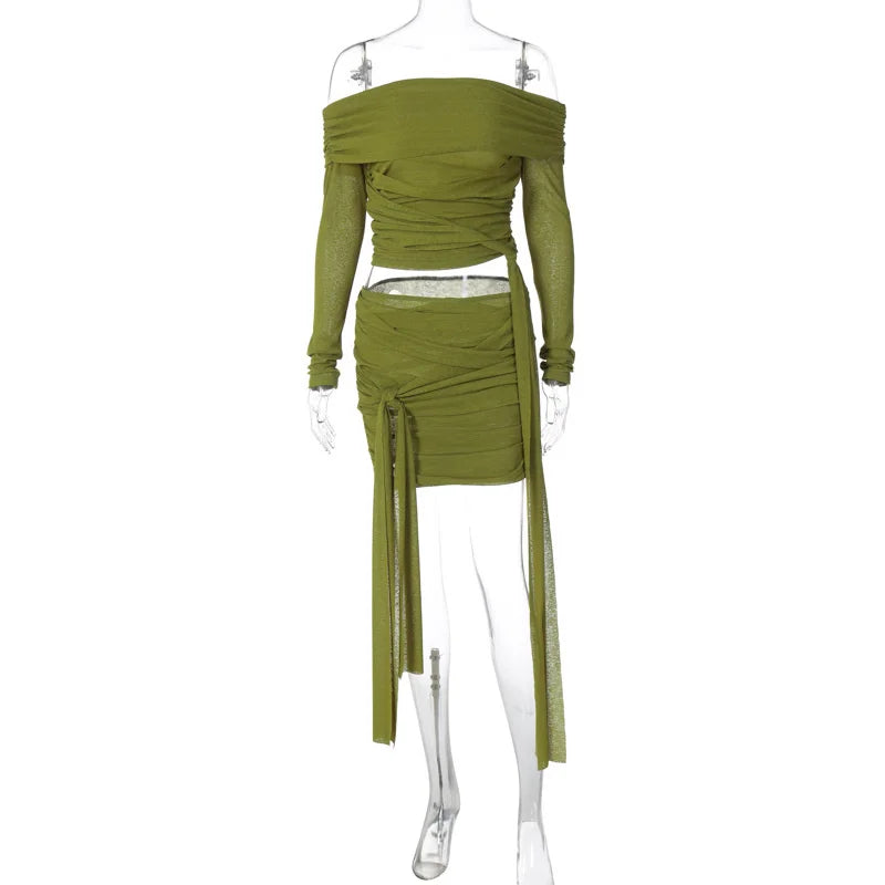 Green Ruched Skirt Set Women Off-shoulder Long Sleeve T-shirt And Mini Skirt Matching Sets Bodycon Sexy Dress Set