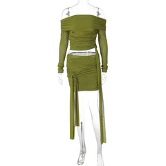 Green Ruched Skirt Set Women Off-shoulder Long Sleeve T-shirt And Mini Skirt Matching Sets Bodycon Sexy Dress Set