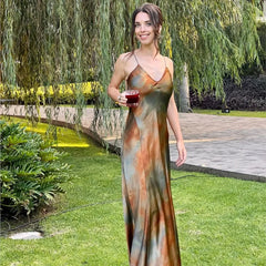Fashion V-neck Satin Party Dress Vacation Beach Slim Women Long Dress Tie Dye Printing Streetwear Summer Slip Dresses New