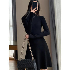 Pbong  Women's Knitted A- Line Mini Dress Hepburn Little Black Dress Autumn Winter Inner Wear Slimming Base Layer Skirt For Coat