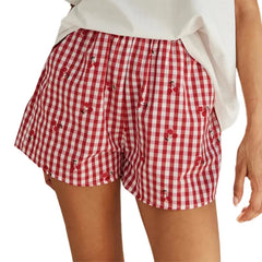 y2k Lounge Shorts Women Summer Cute Cherry Plaid Print Elastic Waistband Pajama Shorts 2000s Clothing Beach Streetwear